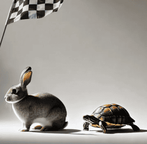 A race between a rabbit and a tortoise, with a checkered flag at the finish line.